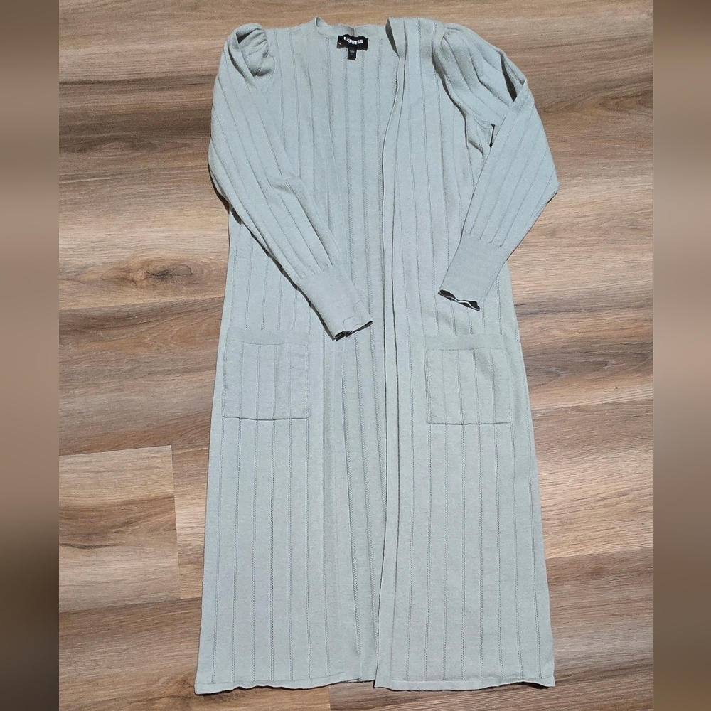 Express Long Ribbed Open-Front Cardigan in Light Mint